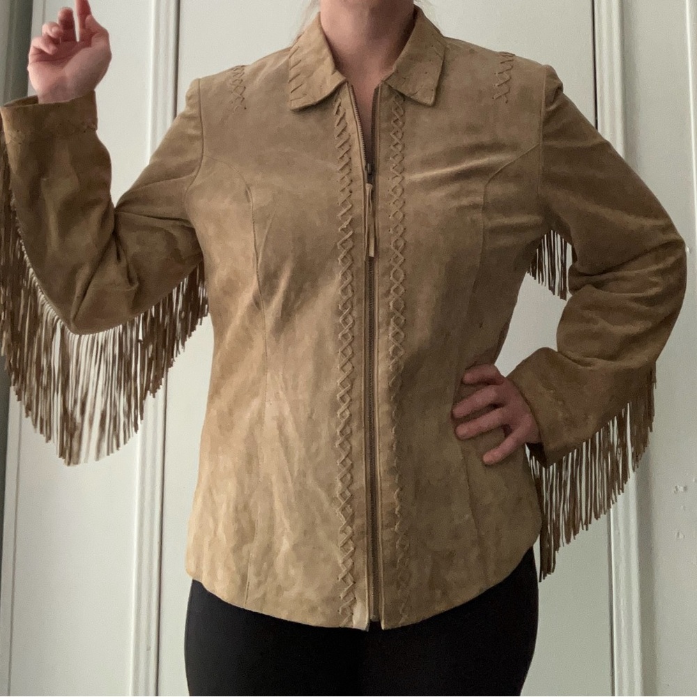 Vintage 90s Tan Leather Suede Jacket with Fringe Cropped Fit